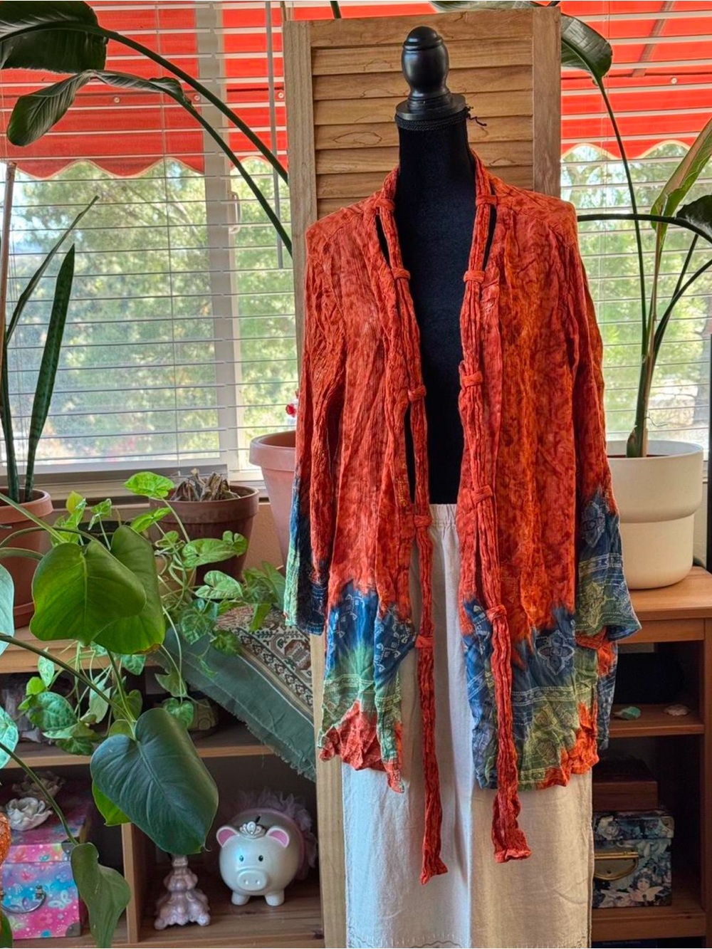 Bohemian Red-Orange Tie-Front Open Cardigan Jacket